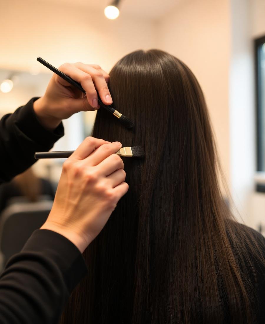 Stylist painting colour onto long hair